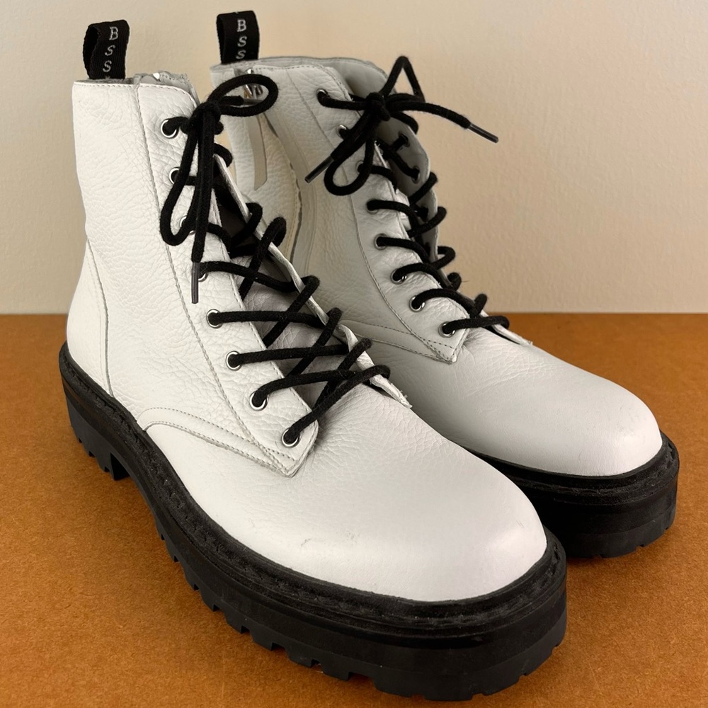 BLACK SUEDE STUDIO WHITE LEATHER COMBAT BOOTS - Picture 2 of 13
